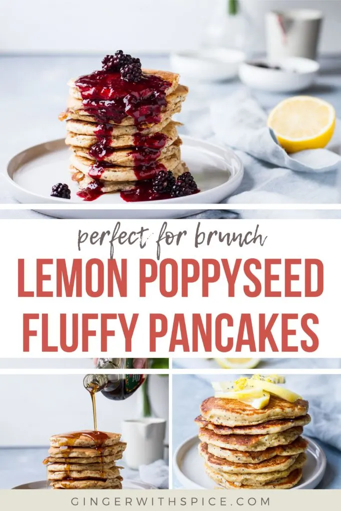 Pinterest pin with text overlay: Lemon Poppyseed Fluffy Pancakes and three images.