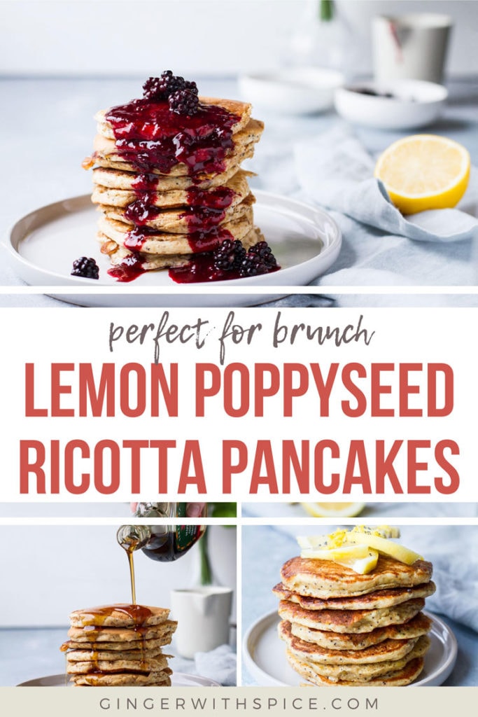 Three images of stackes pancakes and different toppings. Pinterest pin.