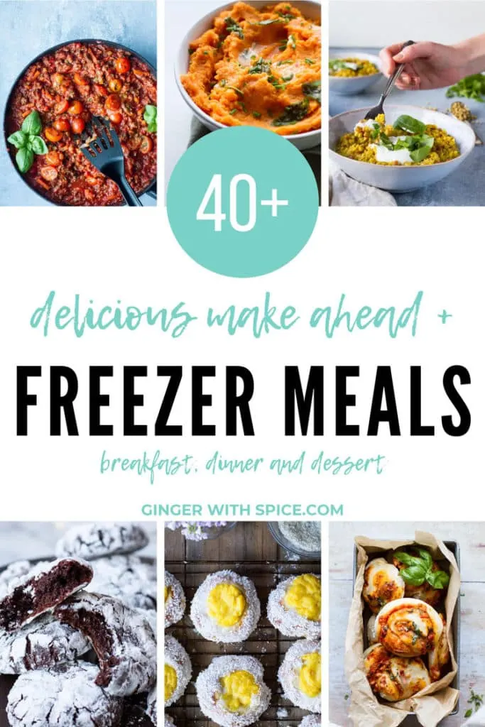 Pinterest pin with six images from post and text overlay: delicious make ahead + freezer meals.