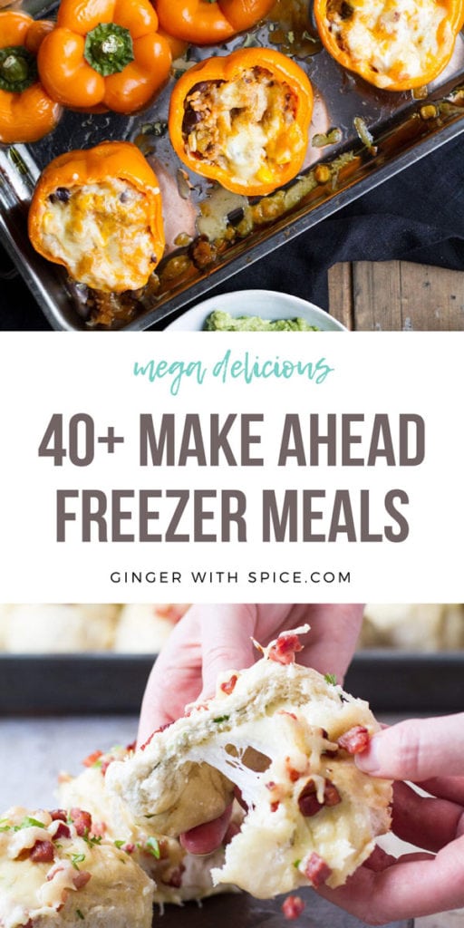 Pinterest pin with two images from post and text overlay: 40+ Make Ahead Freezer Meals.