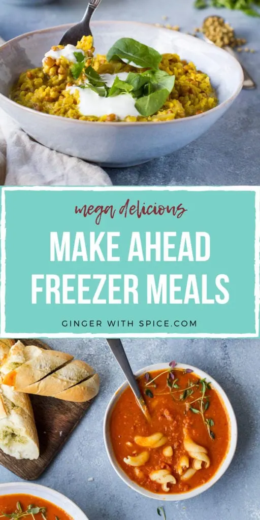 Two recipes from the post with text overlay: mega delicious Make Ahead Freezer Meals. Pinterest pin.