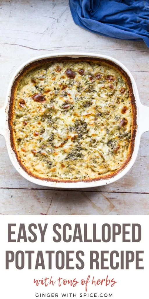 White casserole with scalloped potatoes and a cheesy top. Pinterest pin with text.