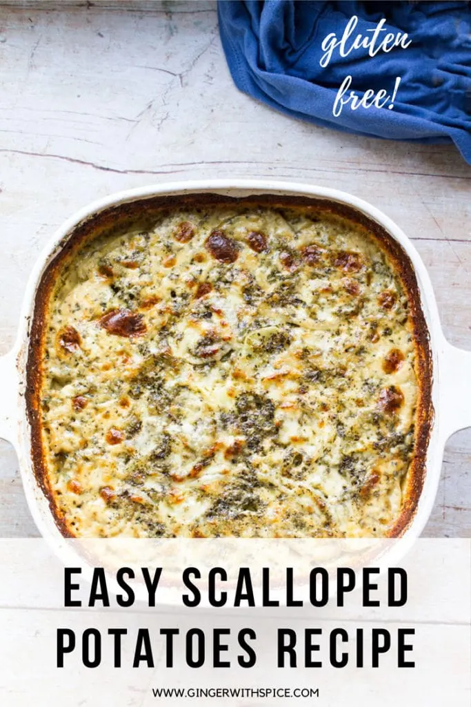 White casserole with scalloped potatoes and a cheesy top. Blue linen on the side. Pinterest pin with text overlay.