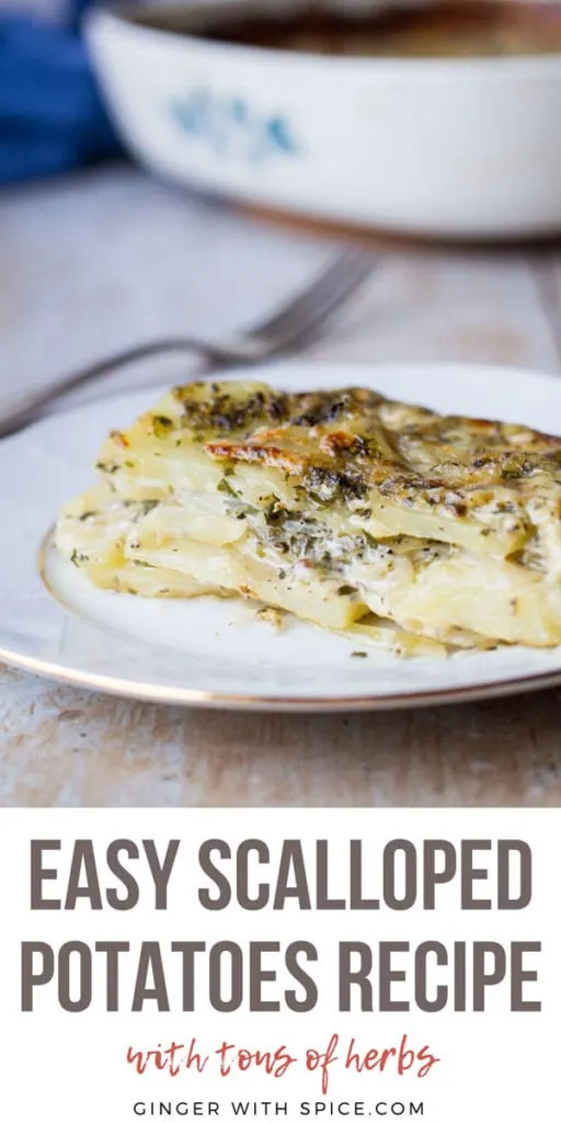 Close-up of the layers inside a scalloped potatoes dish. Pinterest pin.