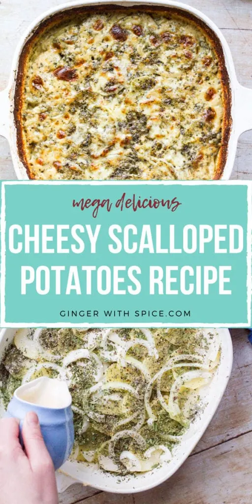 Two images from post and text overlay: cheesy scalloped potatoes recipe. Turquoise background. Pinterest pin.