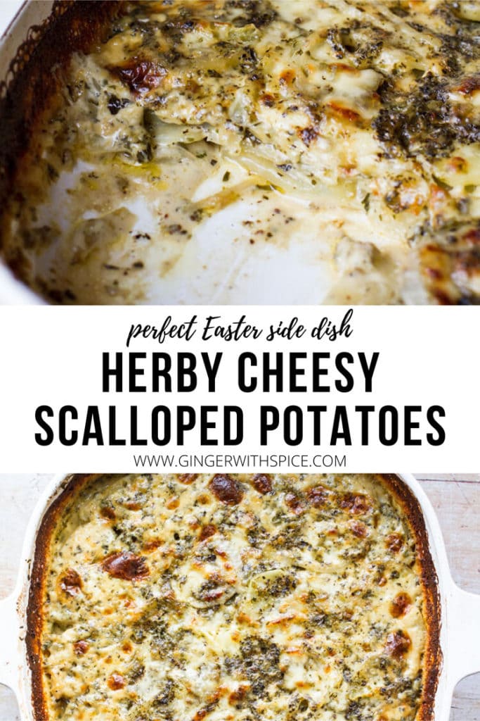 Herby Cheesy Scalloped Potatoes Recipe pinterest pin with two images from post.