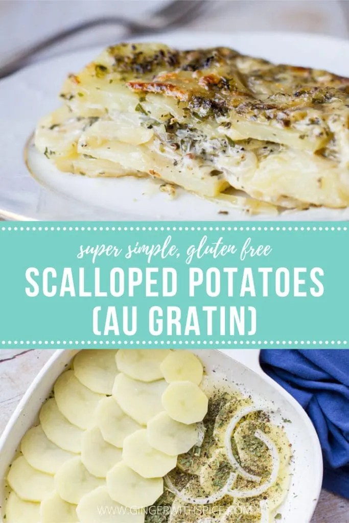 Two images from post and text overlay: Scalloped potatoes (au gratin). Pinterest pin.