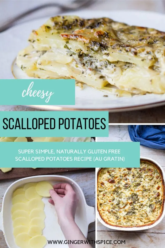 Three images from post and text overlay: cheesy scalloped potatoes recipe. Pinterest pin.