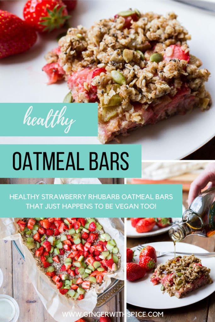 Three images of oatmeal bars from the post and text overlay in three turquoise boxes.