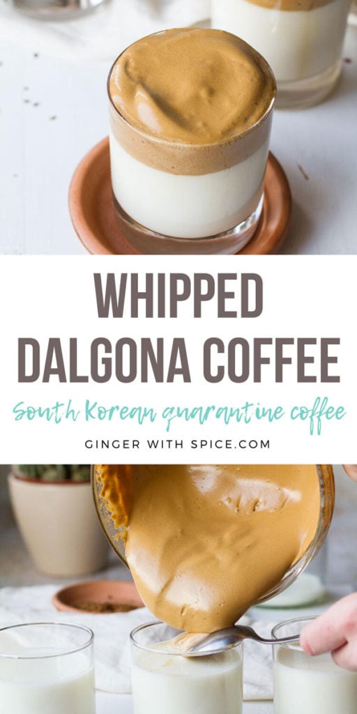 Two images from post and text overlay in the middle: Whipped Dalgona Coffee. Pinterest pin.