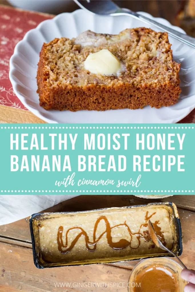 Pinterest pin with text overlay on turquoise background: Healthy Moist Honey Banana Bread Recipe. Two images.