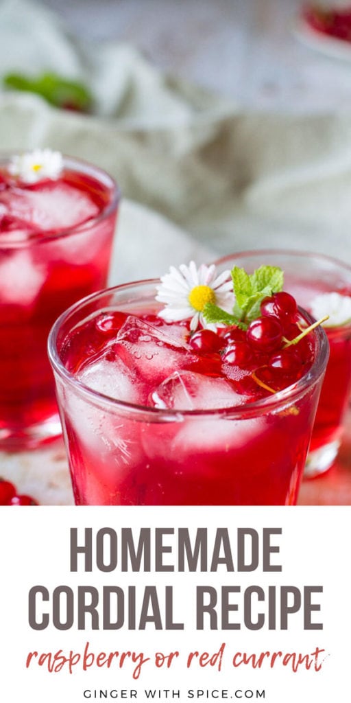 A glass filled with ice cubes and a red drink. Garnished with flower, mint leaves and red currants. Pinterest pin.