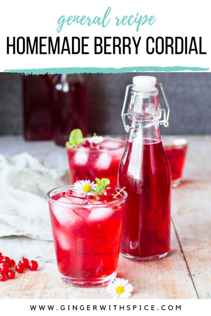 A glass with diluted red cordial and one glass bottle with cordial syrup. Pinterest pin.