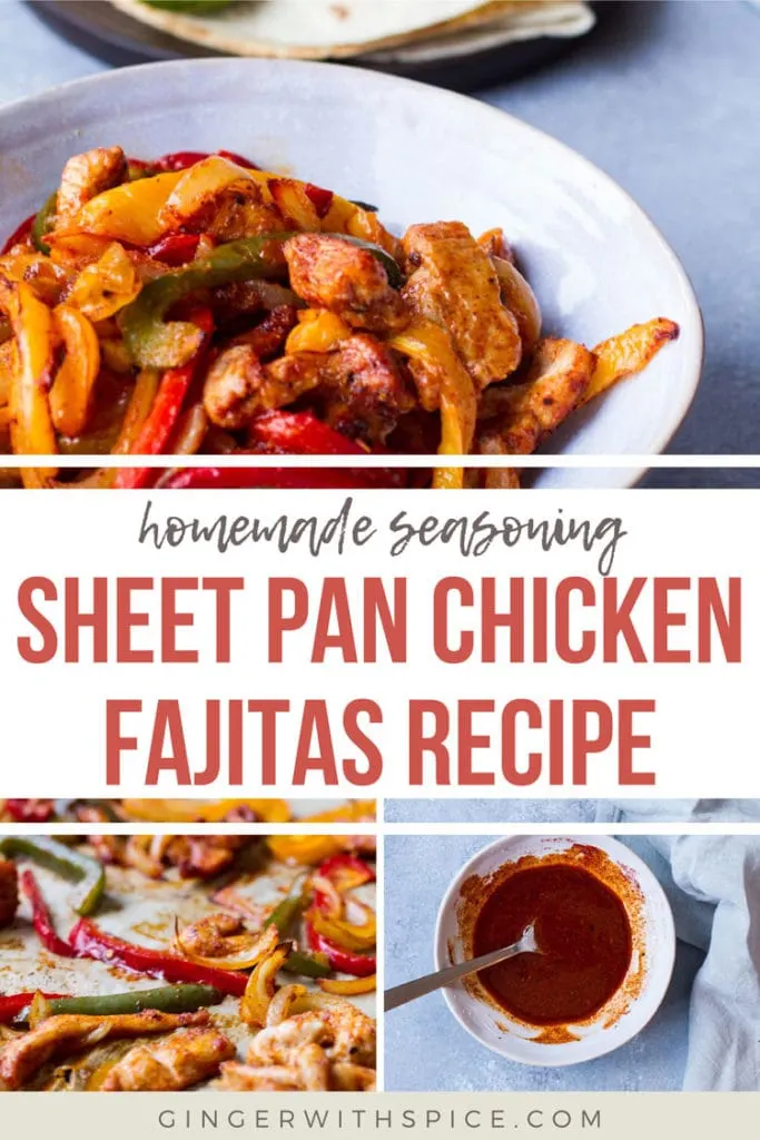 Three images from post and red text: Sheet Pan Chicken Fajitas Recipe. Pinterest pin.
