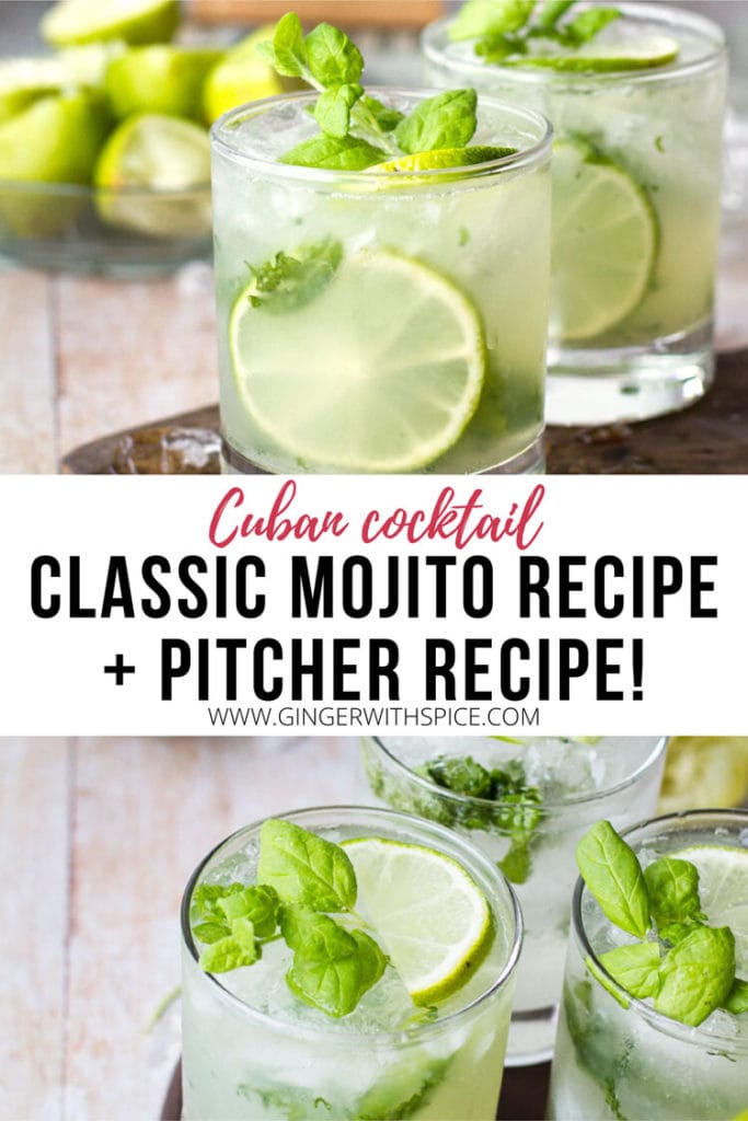 Pinterest pin with text overlay: Classic Mojito Recipe + Pitcher Recipe. 2 images from post.