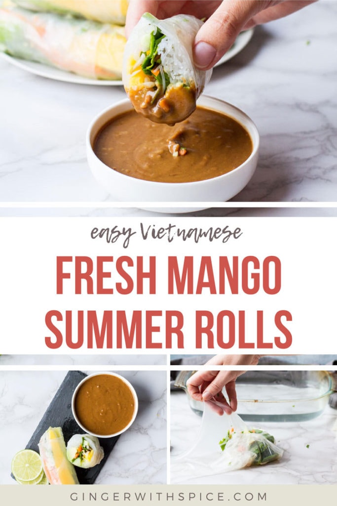 Three images from post and red text overlay: Fresh mango summer rolls. Pinterest pin.