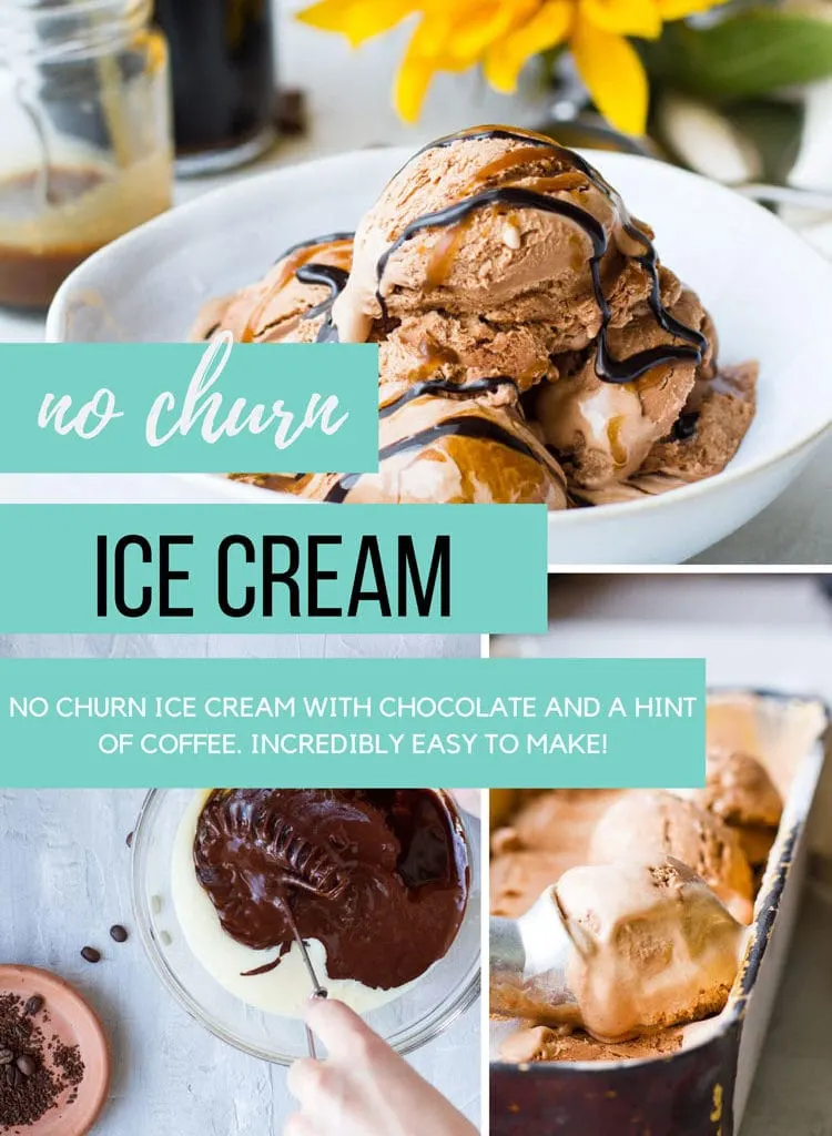 Pinterest pin with text in turquoise boxes: 'No churn ice cream'.