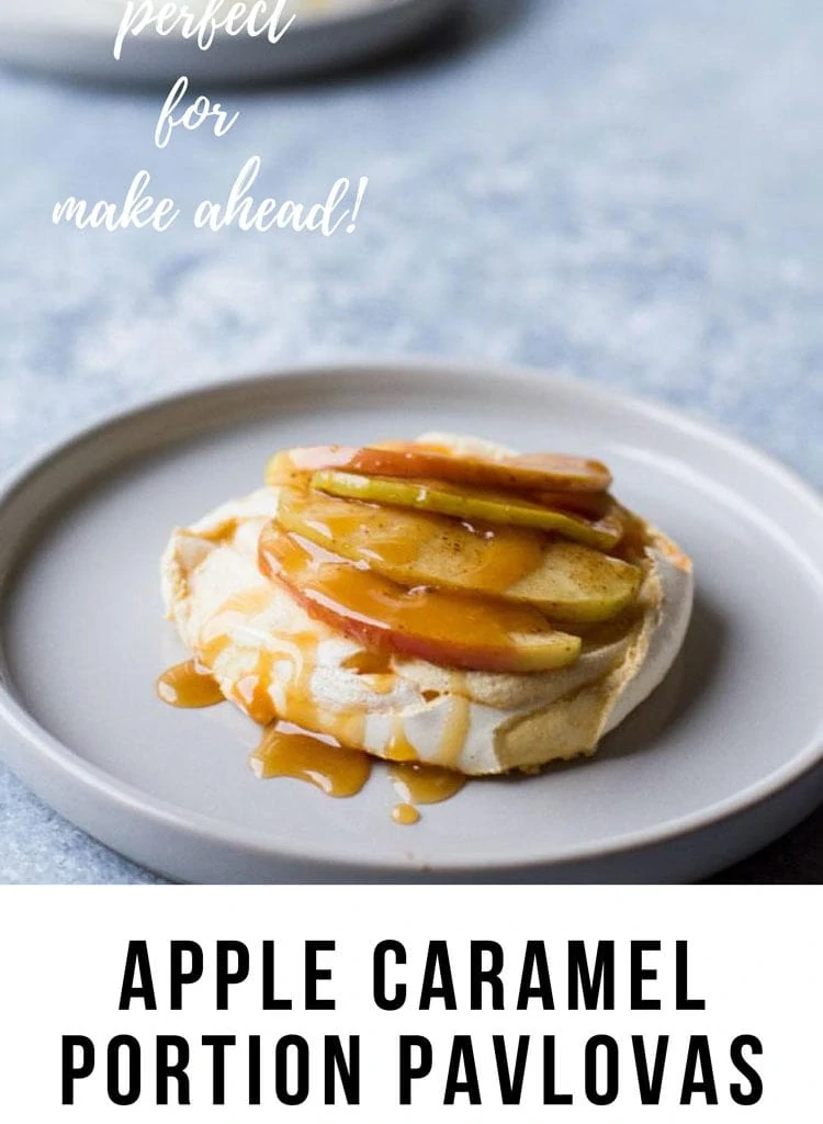 One mini pavlova with sliced apples and drizzles of caramel sauce. Pinterest pin.