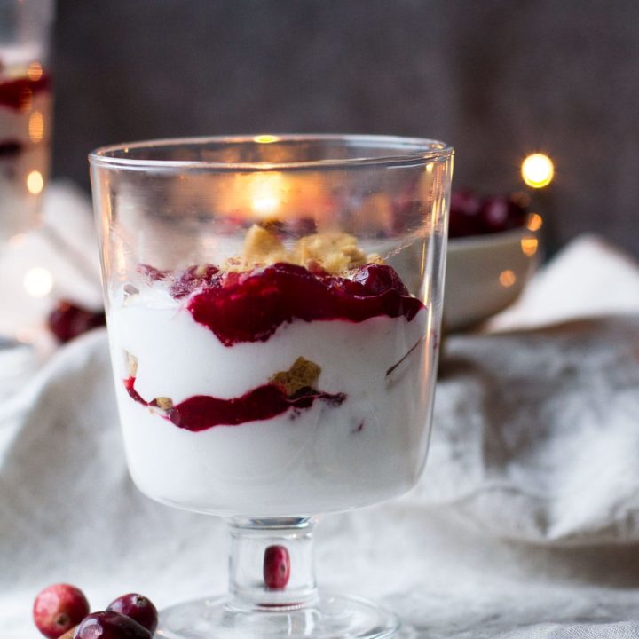Glass with layers of cranberry sauce, whipped coconut cream and ginger nut cookies. Lights in the background.