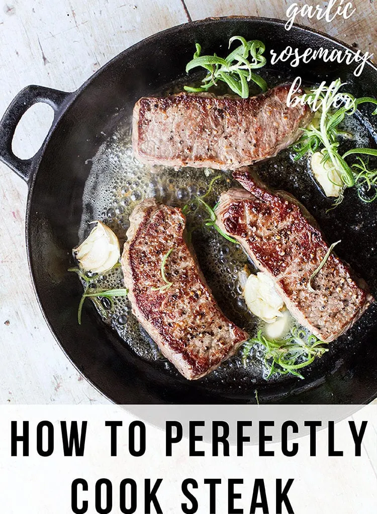 3 striploin steaks in a cast iron skillet with rosemary and garlic. Pinterest pin.