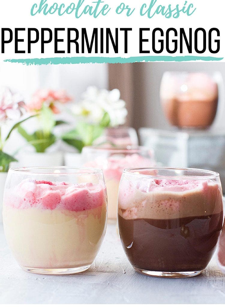 Two round glasses, one with classic eggnog and one with chocolate eggnog, both topped with pink dalgona. Pinterest pin.