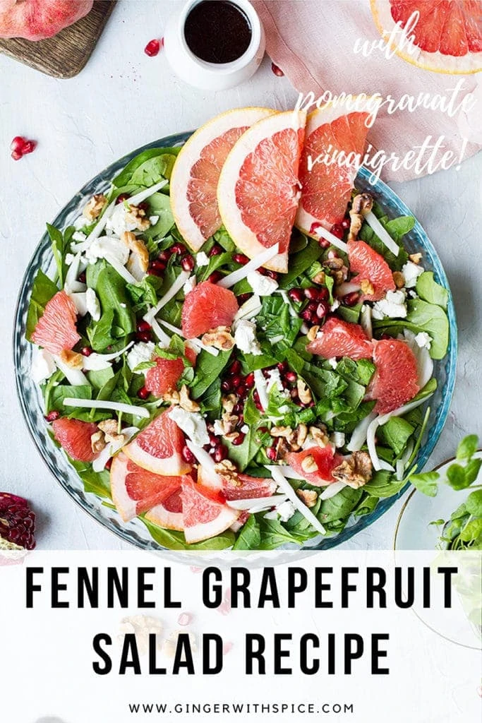 Pinterest pin with text at the bottom and the grapefruit salad seen from above.