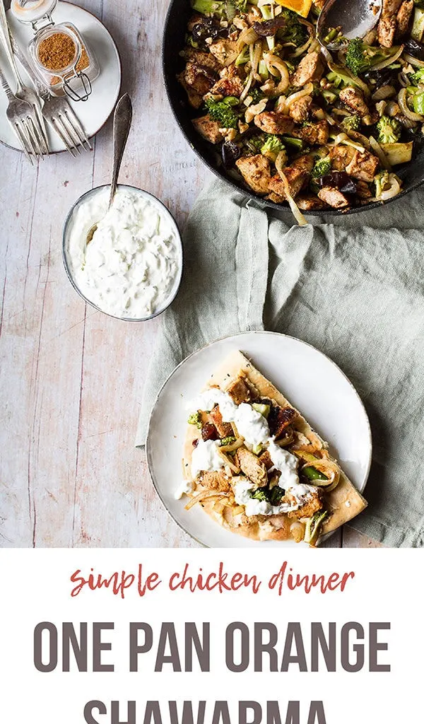 Pinterest pin with image of the skillet and a plate with orange shawarma chicken.