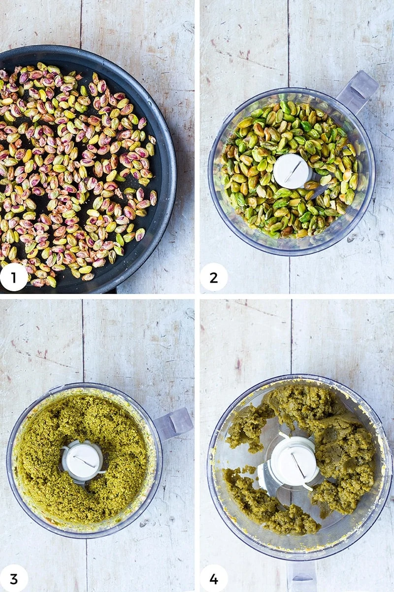 Steps to make pistachio paste.