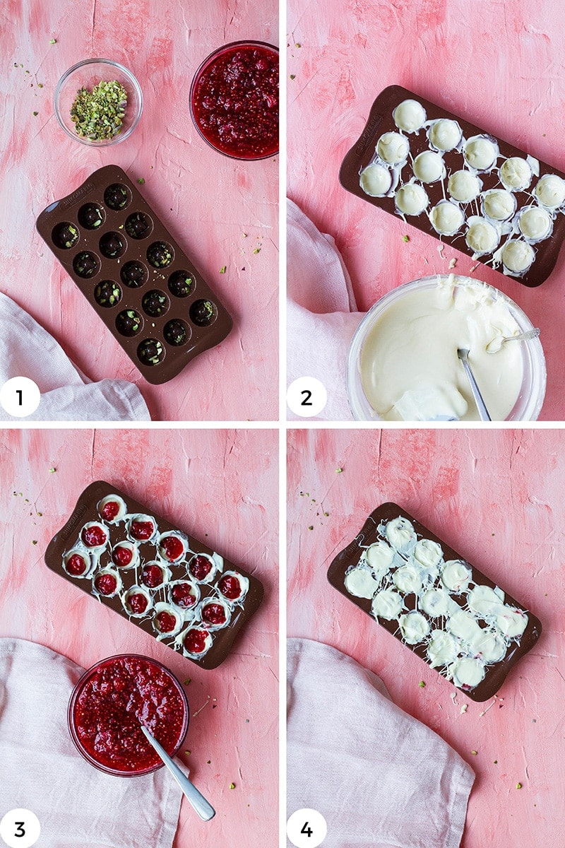 Steps to fill moulds for raspberry filled white chocolates.