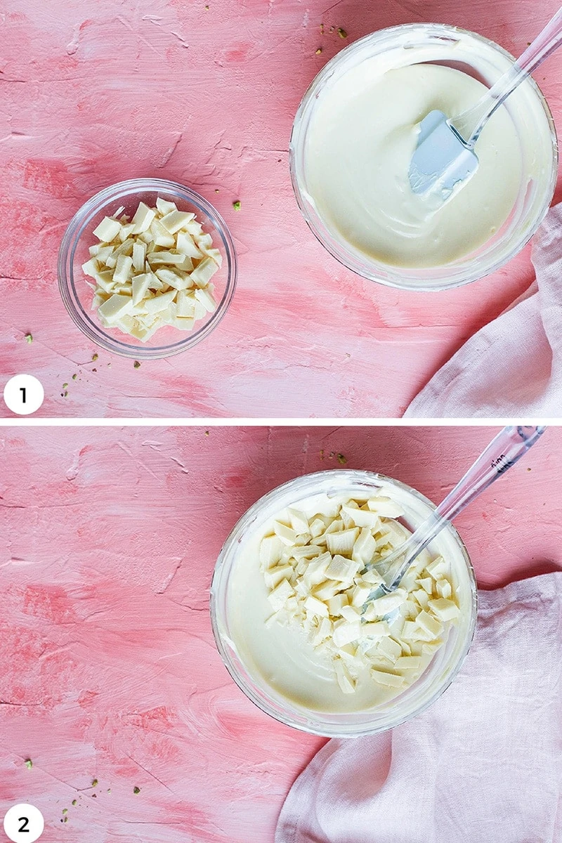 How to temper white chocolate, pink background.