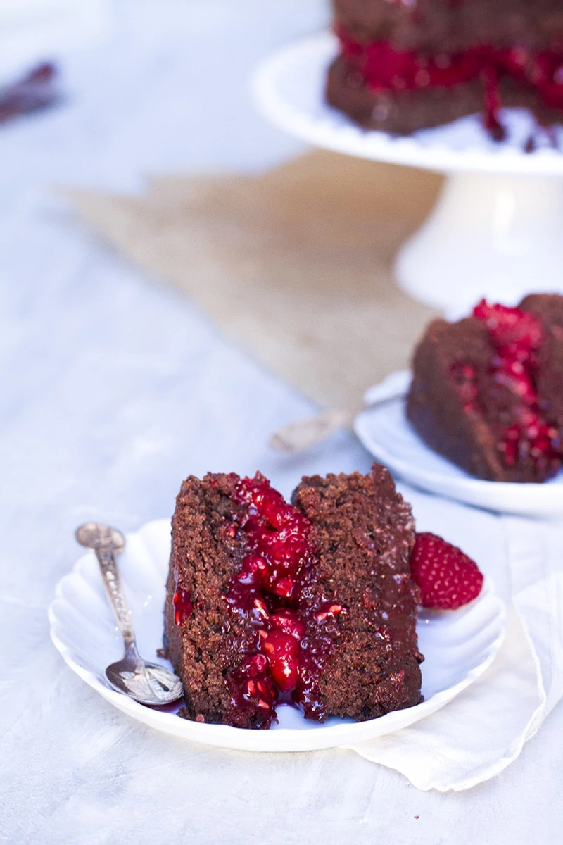 Slice of raspberry chocolate cake.
