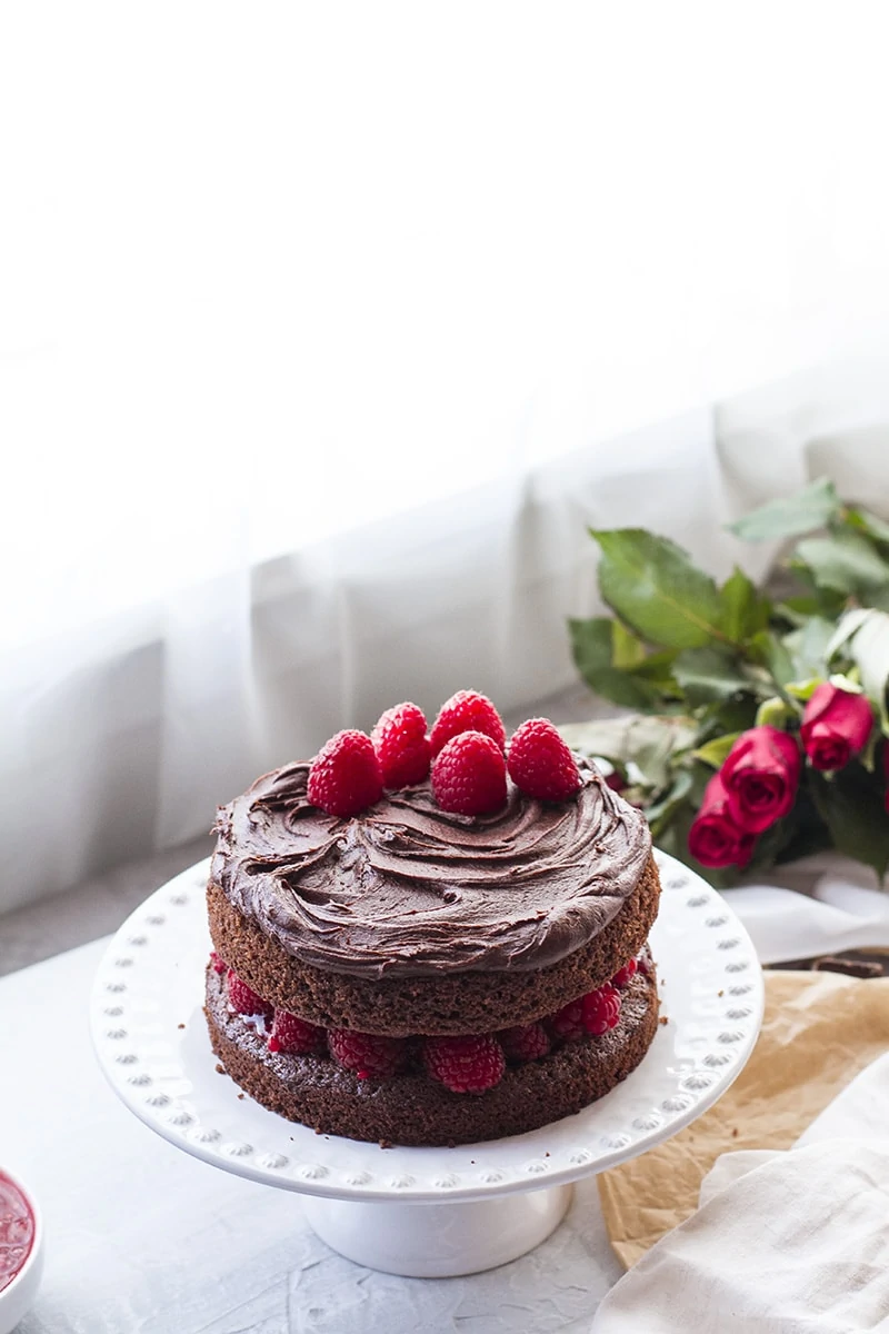Chocolate cake with raspberry filling, backlighting.