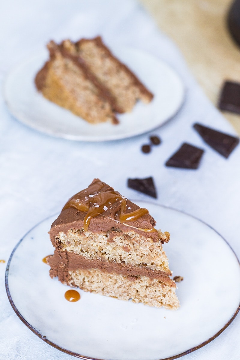 Two slices of salted caramel chai cake.