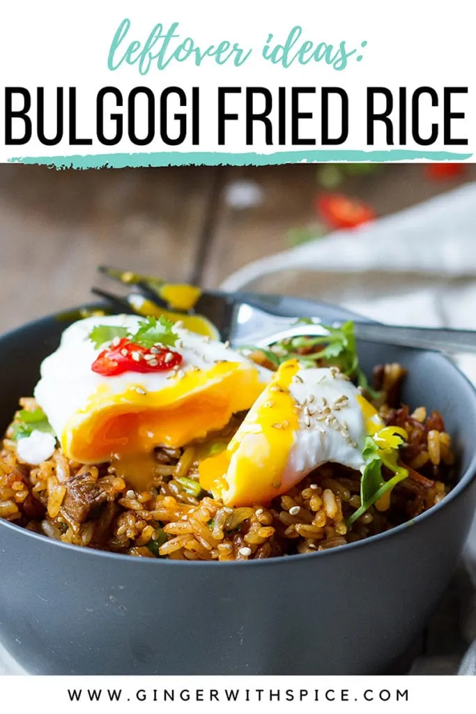 Dark grey bowl with rice and a poached egg. Pinterest pin.