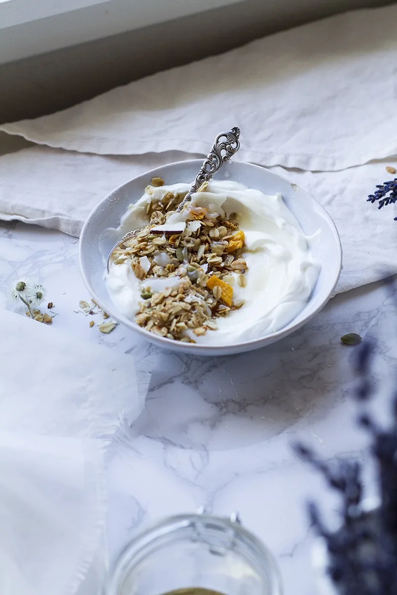 A blue bowl with greek yogurt and mango granola.