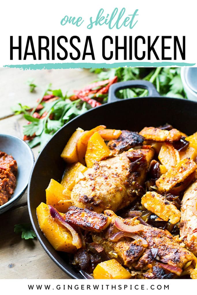 Pinterest pin with chicken and butternut squash in a skillet.