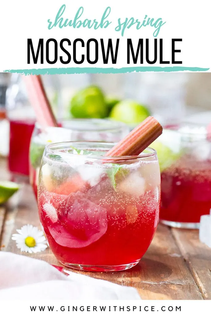 Close-up of a round glass with rhubarb Moscow mule and rhubarb stalks. Pinterest pin.