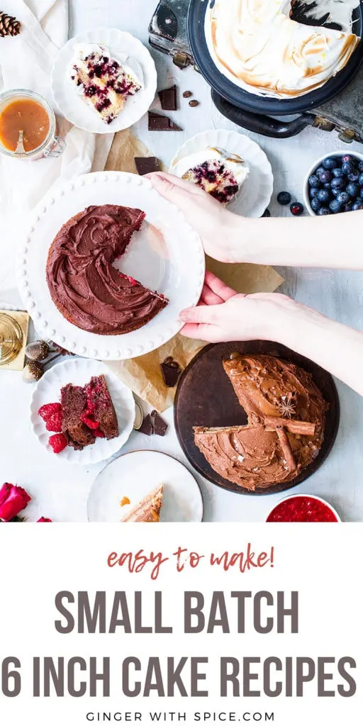 Pinterest pin with image of all three cakes and hands reaching for the chocolate cake. Pinterest pin.