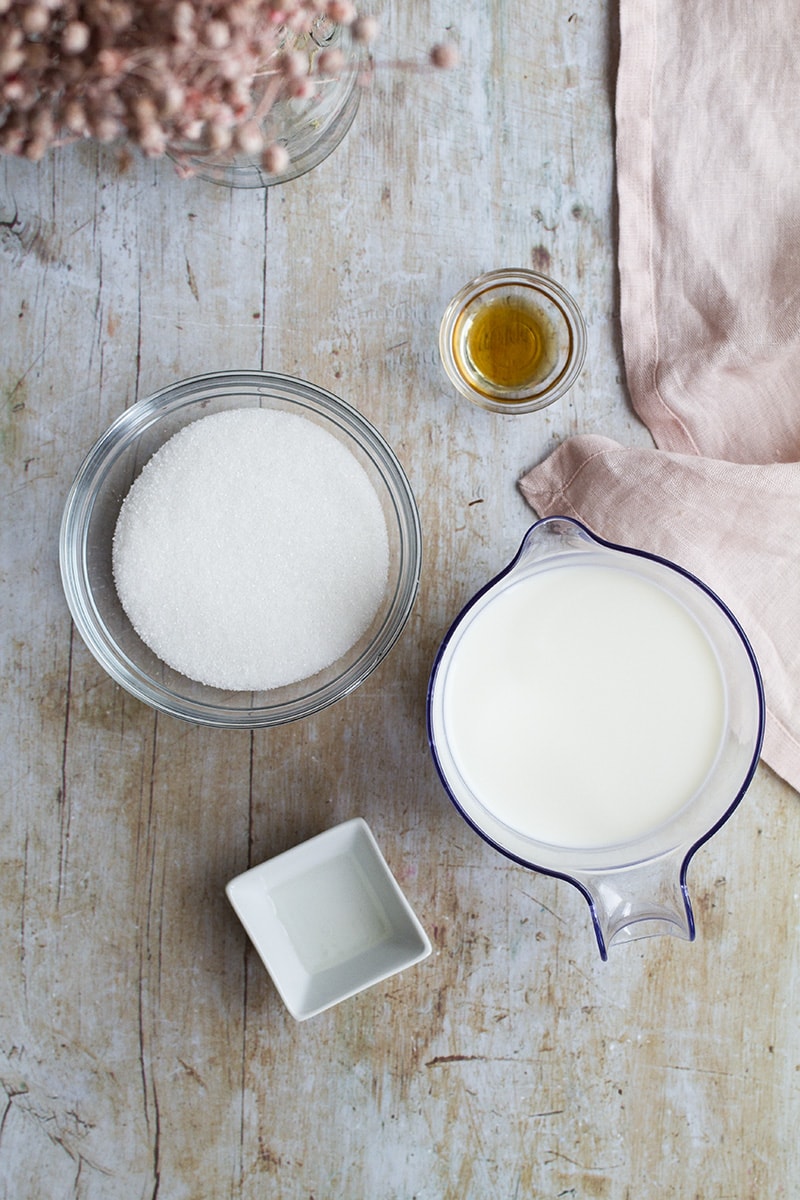 Ingredients to make sweetened condensed milk.