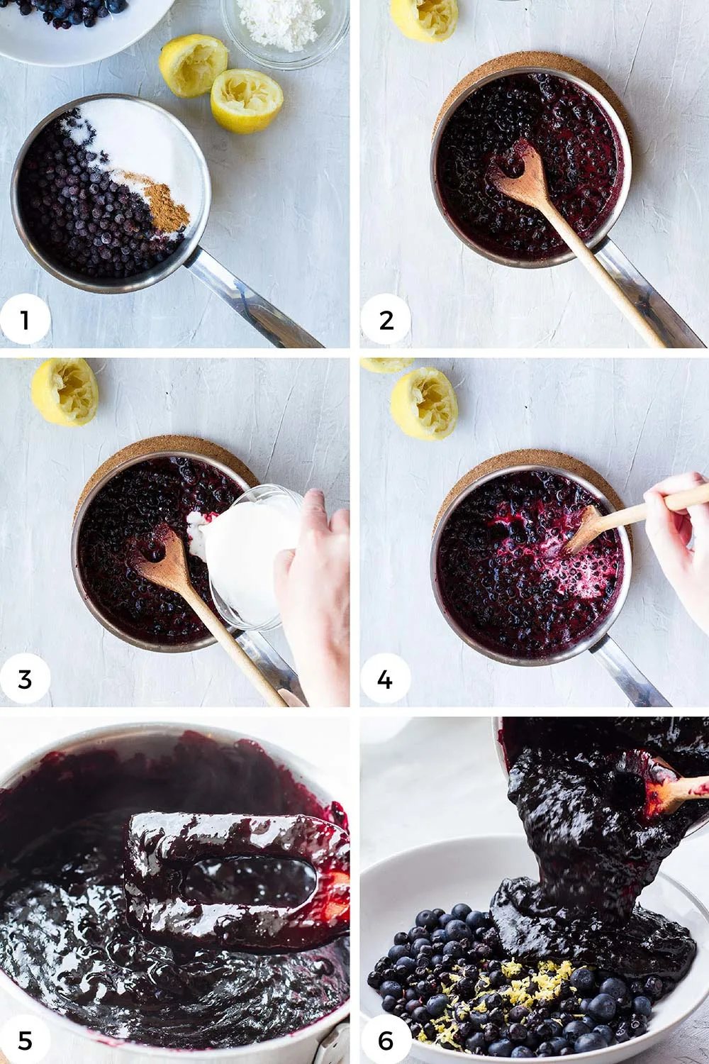 Steps to make cooked blueberry filling.
