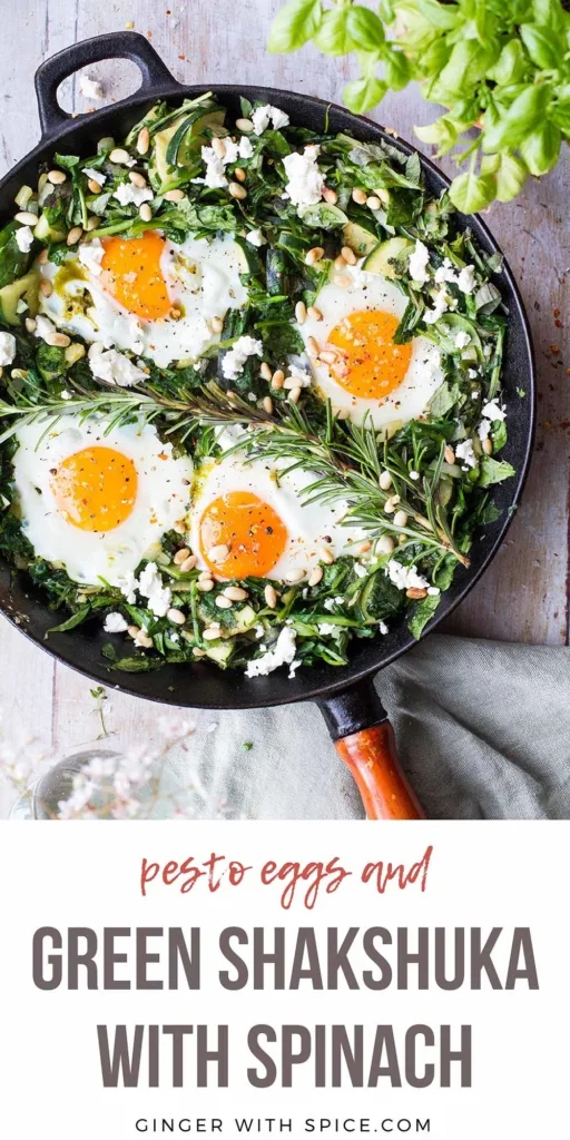 Pinterest pin with text overlay: Green shakshuka with spinach. Skillet with spinach and four sunny-side-up eggs.