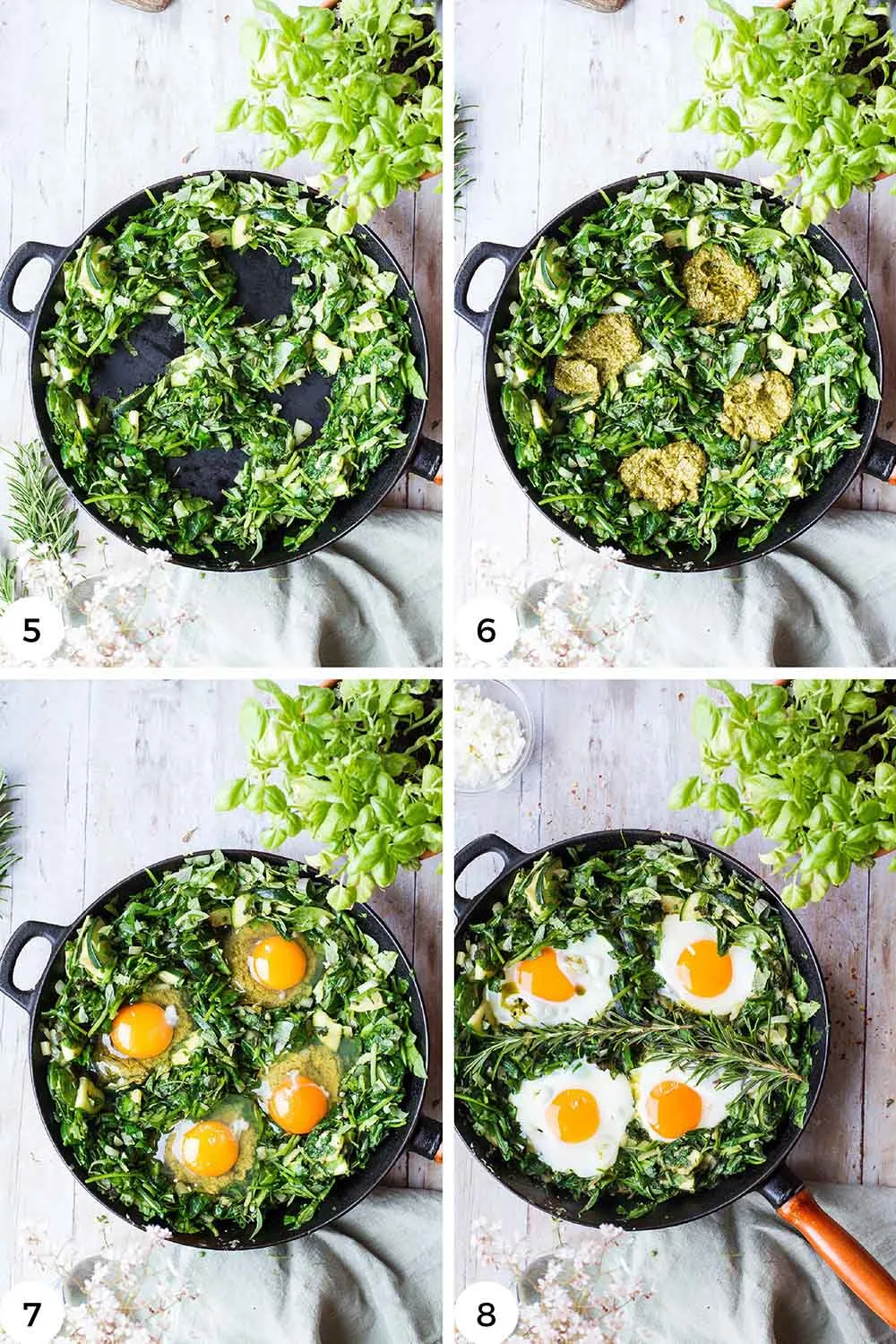 Steps to cook the eggs in the spinach.