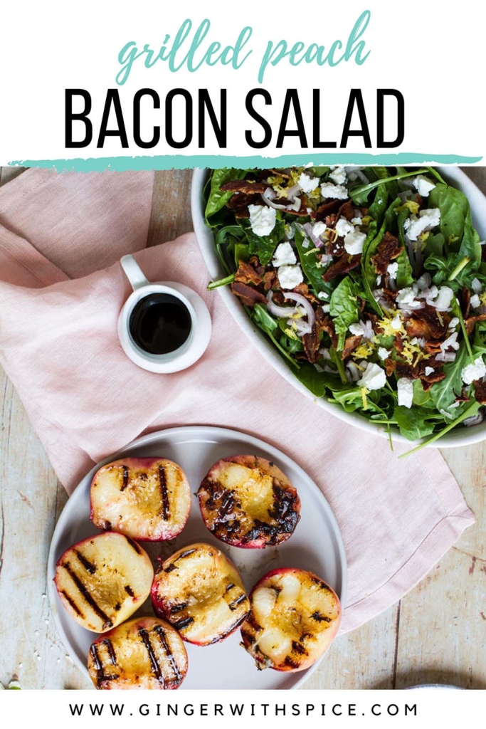 Pinterest pin with salad and grilled peaches seen from above.