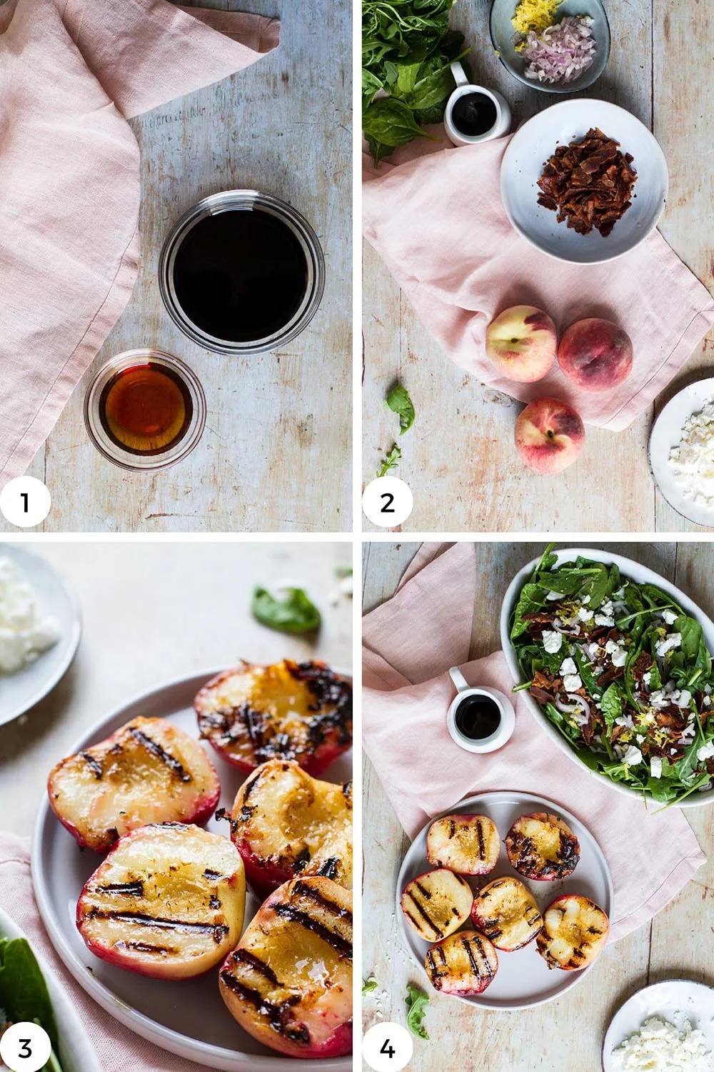 Steps to make grilled peach salad.