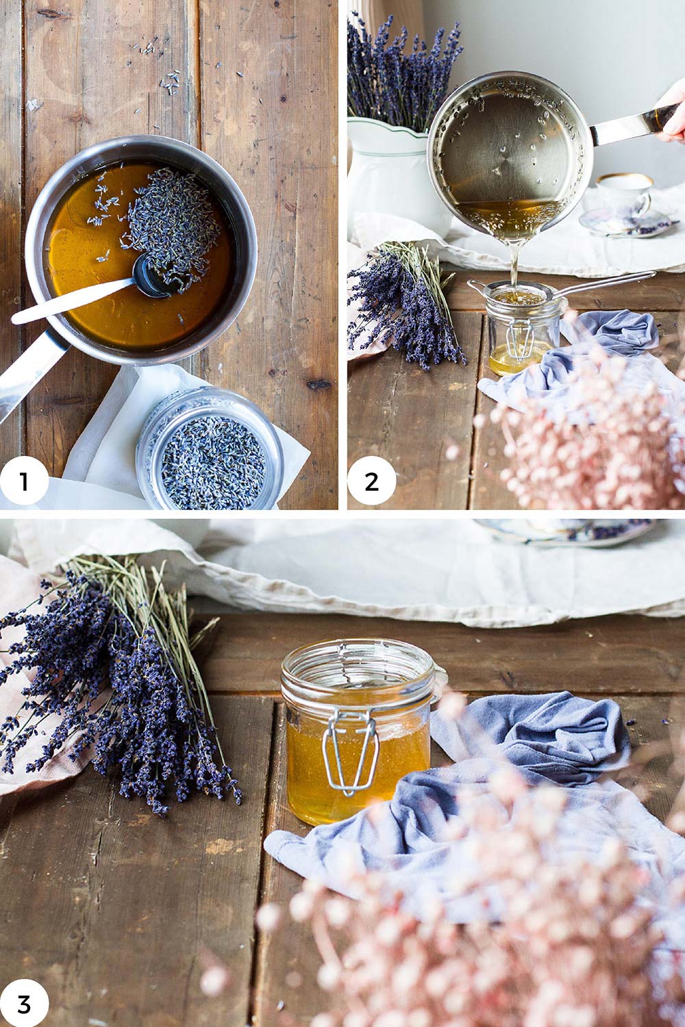 Steps to make lavender honey syrup.