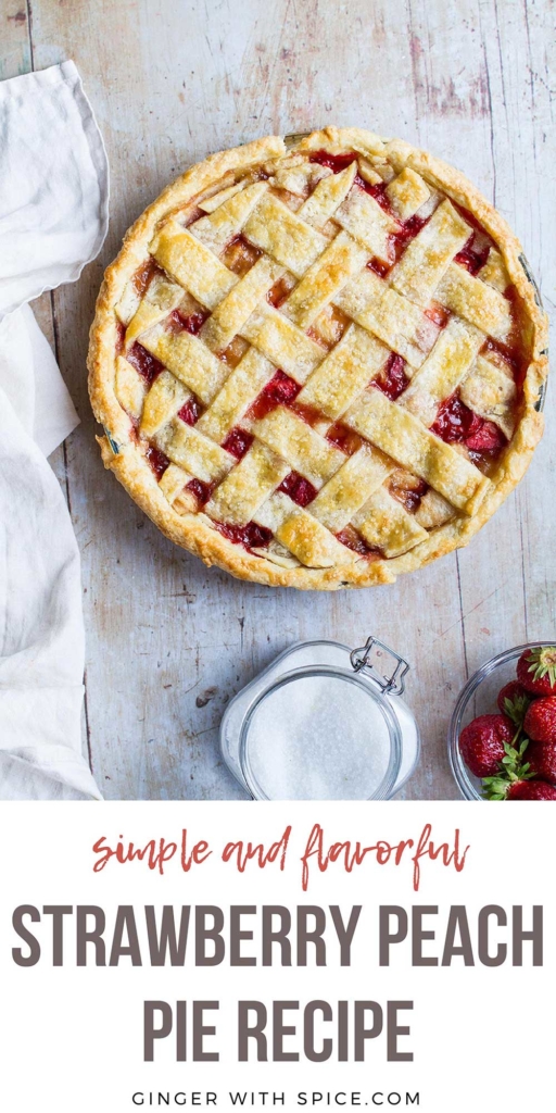 Peach pie seen from above, text overlay at the bottom. Pinterest pin.