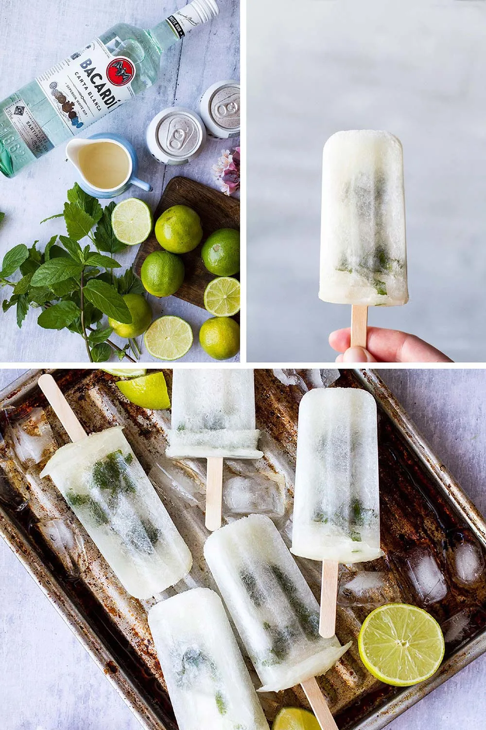 Three images for mojito popsicles in a collage.