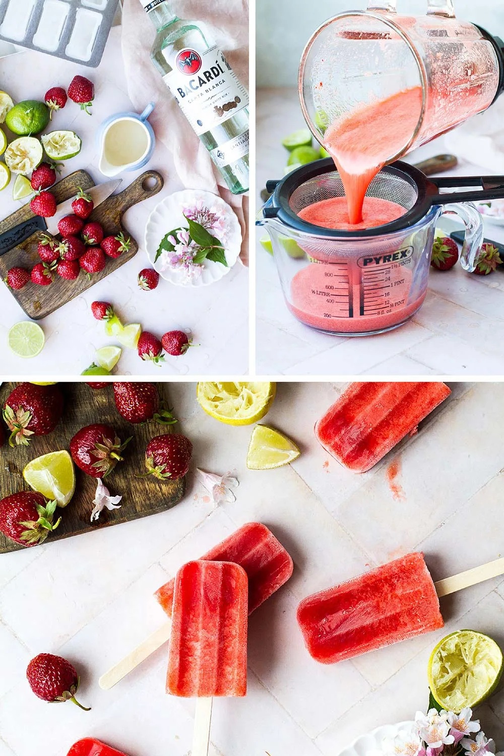 Collage on how to make strawberry daiquiri popsicles.