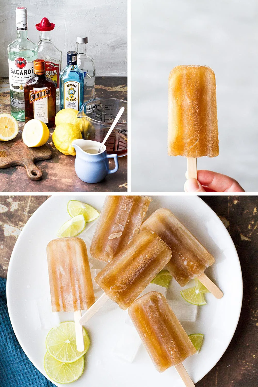 Three images in a collage for Long Island Iced Tea popsicles.
