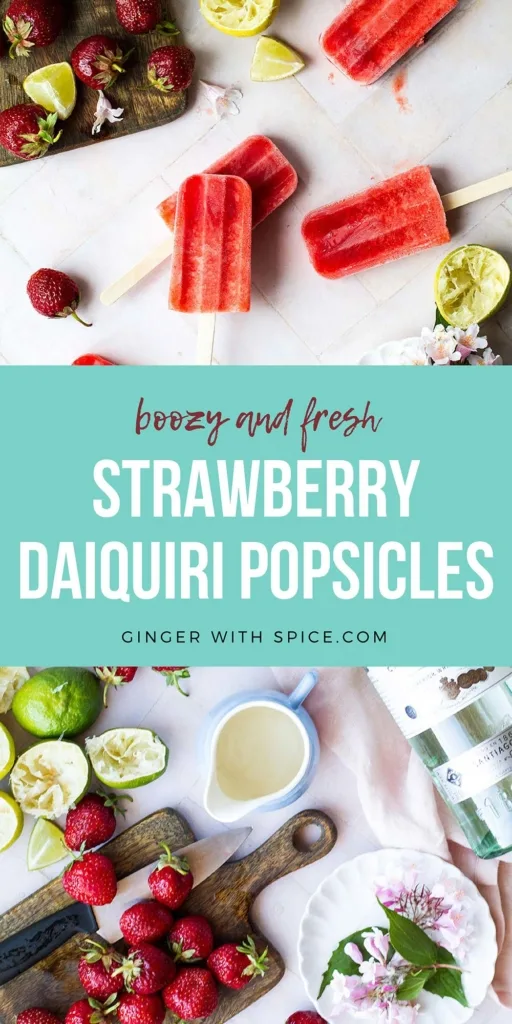 Pinterest pin for strawberry daiquiri popsicles.
